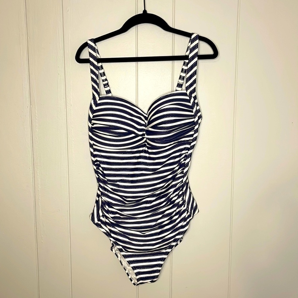 Nitpick Blue and White Stripe Ahoy Foil Joanne Twist Front One Piece Swimsuit
